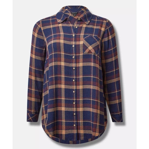 Torrid Lizzie Crinkle Flannel Gauze Button Up Tunic Navy Plaid Plus Size 4 4X - Picture 13 of 16